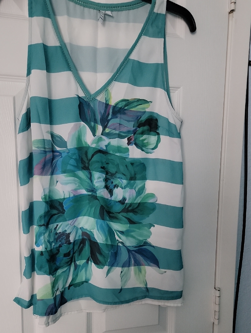 Elle Teal and White Striped Floral V-Neck Tank